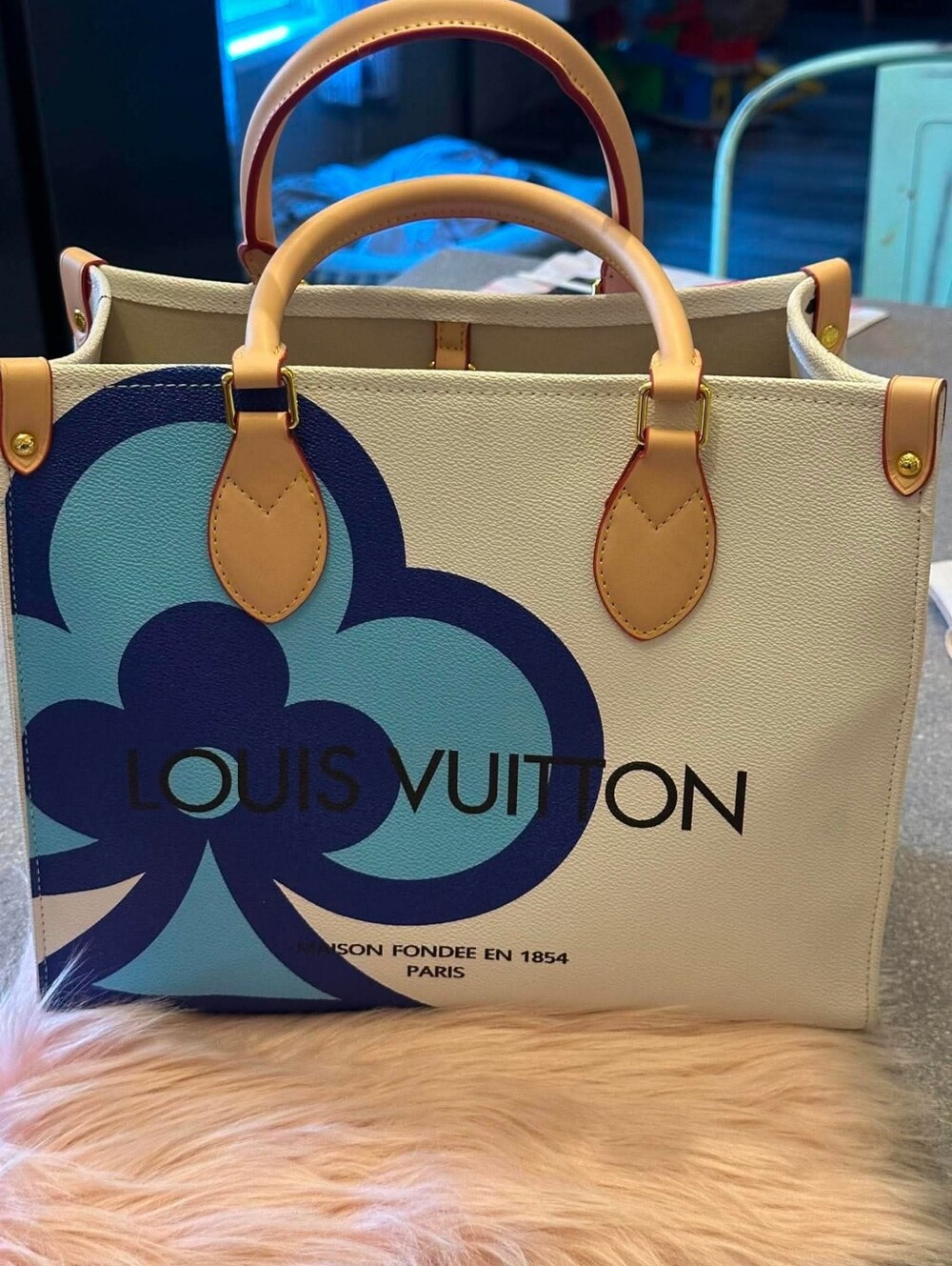 Large Leather Tote Bag With Club & Heart Mono Pattern See All Pics!! Super Fun